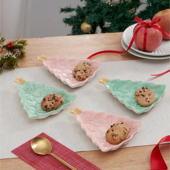 Set 4 Ceramic Pink Green Christmas Tree Sculpted Appetizer Plates Tray Platters - Picture 2 of 5